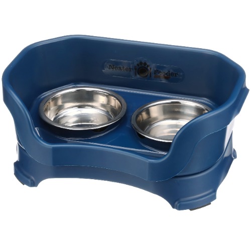 Neater Feeder Deluxe for Small Dogs - Mess Proof Pet Feeder with Stainless Steel Food & Water Bowls - Drip Proof, Non-Tip, and Non-Slip - Dark Blue - Small Dark Blue