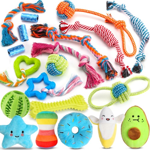 Zeaxuie 20 Pack Luxury Dog Chew Toys for Puppy, Cute Small Dog Toys with Ropes Puppy Chew Toys, Treat Ball and Squeaky Puppy Toys for Teething - A - 20 Pack