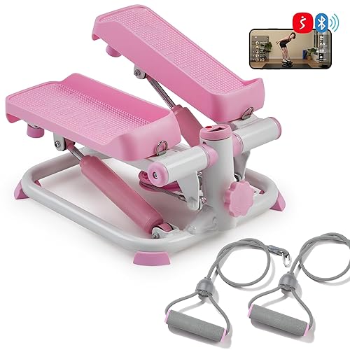 Sunny Health & Fitness Total Body 2-in-1 Stepper Machine, Total Body Workout, Adjustable Hydraulic, Resistance Bands, Non-Slip Pedals w Optional Free SunnyFit App Enhanced Bluetooth Connectivity - Pink Smart