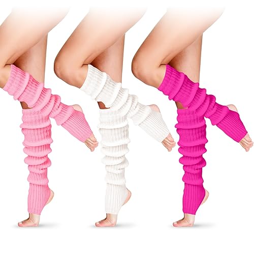 SATINIOR Long Stirrup Yoga Leg Warmers 24 Inch over the Knee Ribbed Knit Leg Warmer for Women 80s Party Dance Sports - One Size - Pink, Rose Red, White - 3