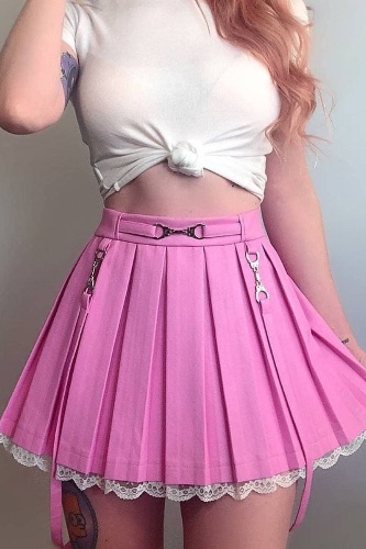Lace Hemmed Pleated Skirt - Pink / S