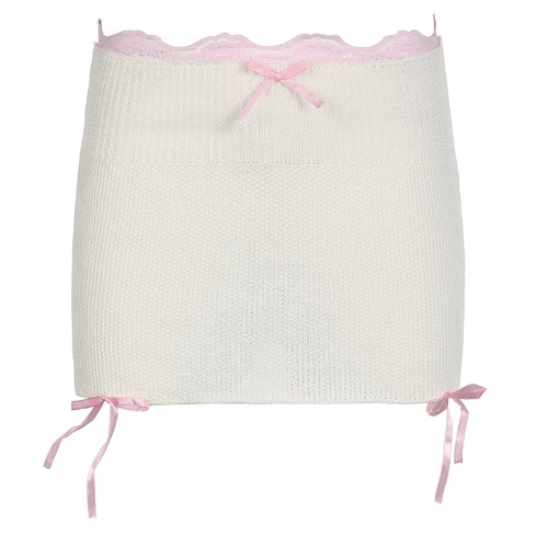 Cream Knit Cute Lace Ribbons Bandage Cozy Mini Skirt - Beige / S