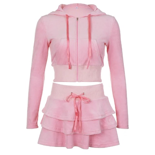 Barbiecore Kawaii Velour Pink Zipper Hoodie and Tiered Mini Skirt Two Piece Set - Two Piece Set / S