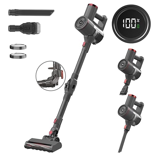 RONEAIR Cordless Vacuum Cleaner with Bendable Wand, Lightweight Stick Vacuum for Home Hardwood Floor Carpet Pet Hair, 6 in 1 Handheld Vacuum, LED Display, LED Headlight, Self-Standing, Rechargeable