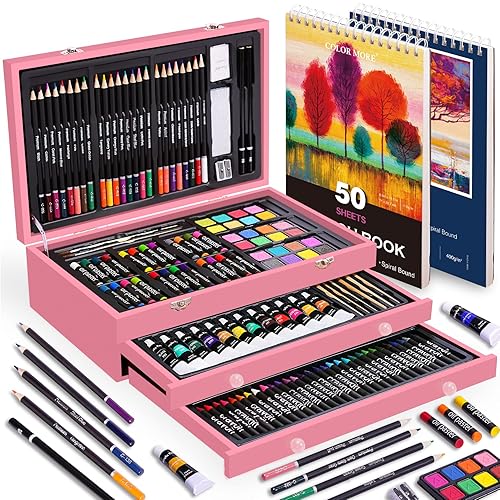 175 Piece Deluxe Art Set with 2 Drawing Pads, Acrylic Paints, Crayons, Colored Pencils, Paint Set in Wooden Case, Professional Art Kit, Art Supplies for Adults, Teens and Artist, Paint Supplies - Pink