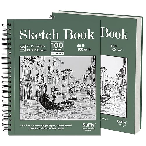 Sketch Book 9x12 inch - Pack of 2 (Total 200 Sheets) Spiral Bound Sketchbook, 68 lb/100gsm Artist Sketch Pad, 100 Sheets Each, Sturdy Acid Free Drawing Paper, Suitable for Adults & Teens - 9-x-12-inch:2 Pack
