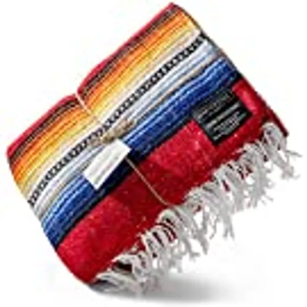 Premium Mexican Blanket, Authentic Handwoven Falsa Blanket & Outdoor Blanket | Made by Traditional Mexican Artisans, Perfect Camping Blanket, Beach Blanket, Picnic Blanket, & Car Blanket (Rojo)