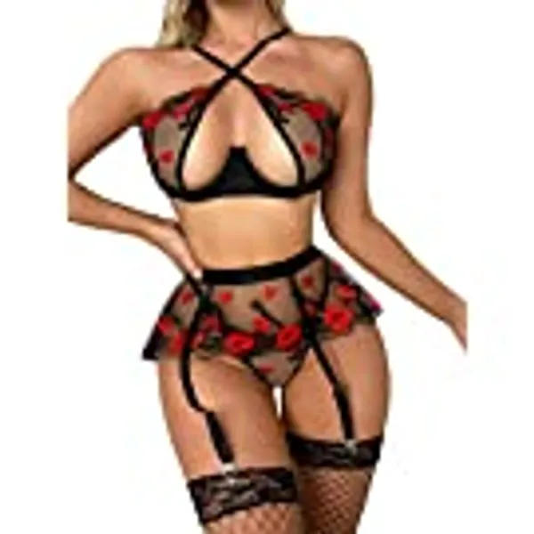 WDIRARA Women's Sexy Lips Print Criss Cross Lace Mesh Cut Out Garter Belt Lingerie Set with Stocking