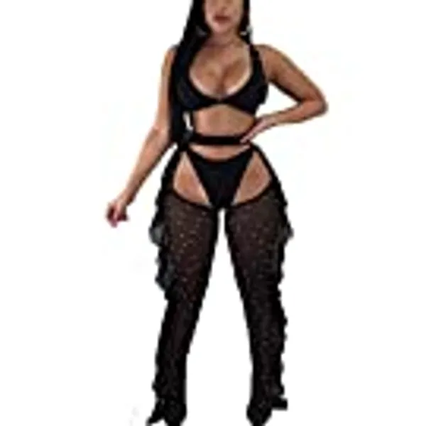 Yeshire Women's Sexy 2 Pieces Outfit See Through Crop Top and Pants Sets Mesh Cover Up Backless Jumpsuits Clubwear