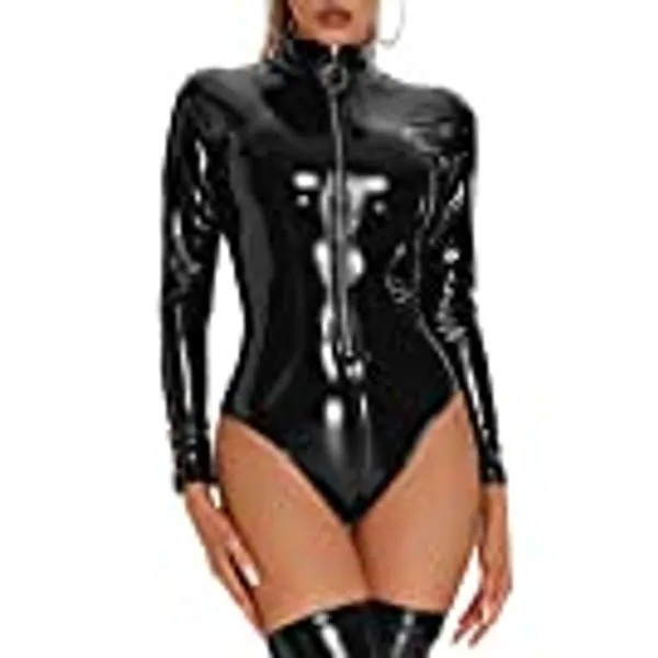FEOYA Womens Catsuit Patent Leather Bodysuit Zipper Crotch Sexy Shinny Teddy One Piece Metallic Unitard Leotard XS-3XL