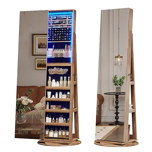 LVSOMT 360 Swivel Jewelry Mirror Cabinet with Lights, Standing Jewelry Armoire Organizer, 63" Stand Up Full Length Mirror with Jewelry Storage, Lockable with Back Storage Shelve - A-Wood