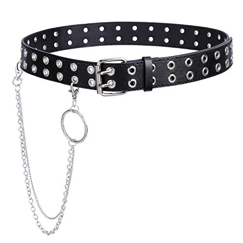 WERFORU Double Grommet Belt PU Leather Punk Belt for Women Men Jeans 2 Hole Belts 1.5 Wide - B-black Belt With Chain - suit for waist below 47"