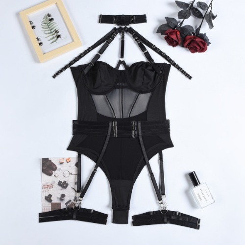 'Guiding Light' Black Alt Goth Bodysuit Suspender Set - Black / L