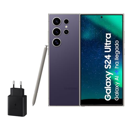 SAMSUNG Galaxy S24 Ultra y Cargador 45W, Teléfono Móvil con IA, Smartphone Android, 12 GB RAM, 512 GB Almacenamiento, Cámara 200MP, S Pen, Batería Larga Duración, Violeta Titanium (Versión Española) - Violeta Titanium - 512 GB