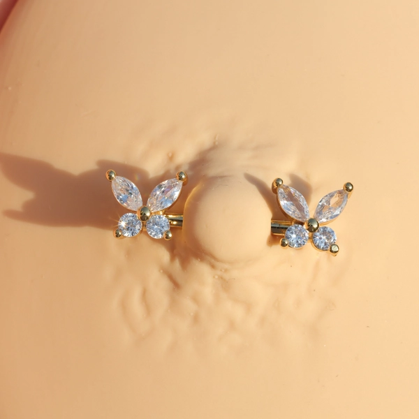 14G Pair of CZ Butterfly Nipple Barbell/ Shiny Nipple Jewelry/ Steel Nipple Ring/ Nipple Piercing/ Butterfly Jewelry 1.6*14mm Silver Gold
