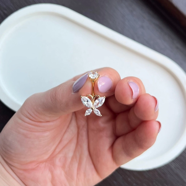 Butterfly belly bar gold with diamond ball 316L surgical steel diamonds diamanté crystal sparkly body jewellery navel bar surgical steel