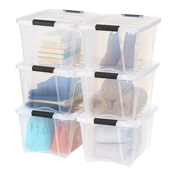 IRIS USA 32 Quart Stackable Plastic Storage Bins with Lids and Latching Buckles, 6 Pack - Clear, Containers with Lids and Latches, Durable Nestable Closet, Garage, Totes, Tubs Boxes Organizing
