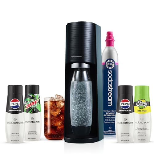 SodaStream Terra Sparkling Water Maker Bundle in Black - includes CO2, Carbonating Bottle, and Pepsi® Zero Sugar, Starry® Zero Sugar and MTN Dew® Zero Sugar 4-Flavor Variety Pack - Flavor Bundle - Black