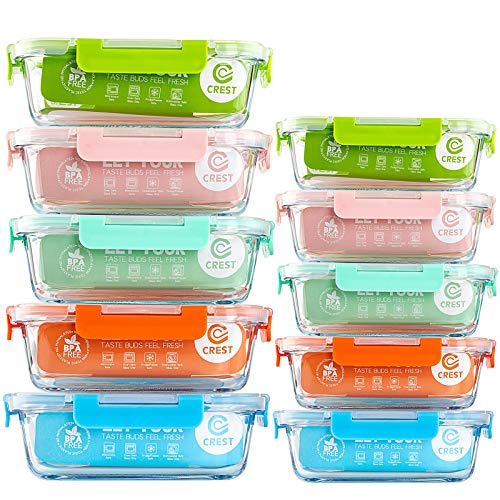 C CREST [10-Pack Glass Food Storage Containers (A Set of Five Colors), Meal Prep Containers with Lids for Kitchen, Home Use - Airtight Glass Lunch Boxes - Multicolor