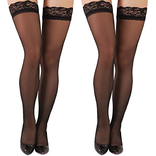 YOGINGO 2 Pairs Women's Lace Top Thigh High Sheer Stockings Antiskid Silicone Ultra Shimmery Pantyhose for Women - One Size