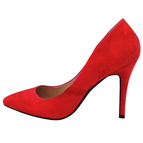 Womens Mid High Heel Pointed Toe Smart Office Work Court Shoes Party Prom Wedding Bridal Occasion Heeled Fashion Courts Shoes Pumps Size - 4 UK - Red Suede