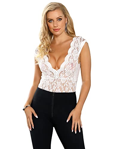 ohyeahlady Women's Bodysuits Stretch Lace Teddy Lingerie Sexy V Neck Body Suits Ladies Top,UK 8-22 - 8-10 - White
