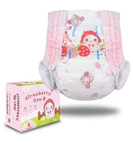 Landofgenie Adult Diapers Large Overnight Printed Diaper with Tabs 10 Pieces - Strawberry Cow (Large 36"-46") - Pink - Large