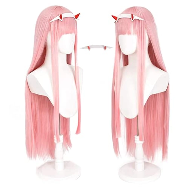 Lshpresx Zero Two Cosplay Perücke Anime Lange Gerade Rosa Kostüm Synthetisches Haar Mit Stirnband + Perückennetz