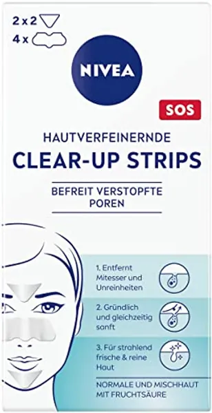 NIVEA hautverfeinernde Clear-Up Strips (6 Stück), Reinigungs-Strips für das Gesicht mit Fruchtsäure, entfernen Mitesser und Unreinheiten