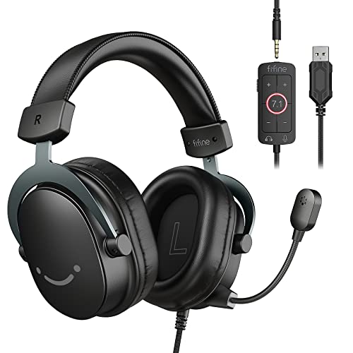 FIFINE PC Gaming Headset, USB Headset with 7.1 Surround Sound, Detachable Microphone, Control Box, 3.5mm Headphones Jack, Over-Ear Wired Headset for PS5/PS4/Xbox/Switch, Black-AmpliGame H9 - Black