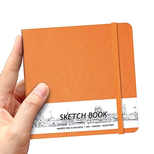 5" x 5" Square Handy Pocket Hardcover PU Leather Sketchbook,58 Sheets 150 GSM Beige Dowling Paper, Acid Free Art Sketch Book Artistic Drawing Painting Writing Paper for Beginners Artists.Burnt Orange - 150gsm-burnt orange