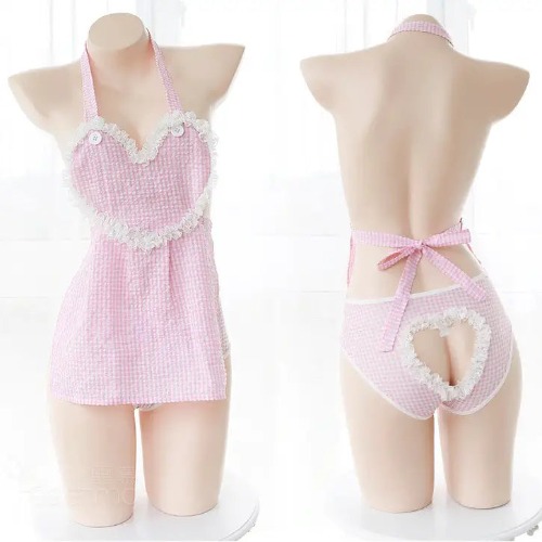 Apron Dress with Heart Cutout in Pink or Blue Plaid - Pink