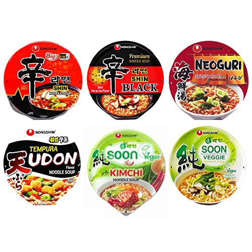 OHMARKET Nongshim Cup Instant Noodle Soup 6 Flavors Package Shin Ramen, Shin Black, Neoguri, Tempura Udon, Spicy Shrimp, Soon Veggie