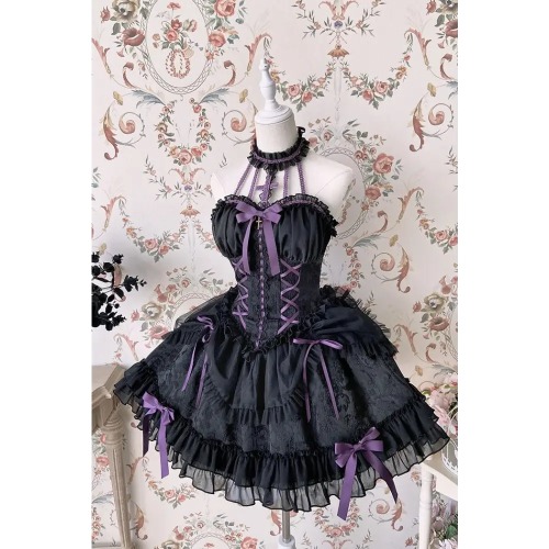Exquisite Royal Victorian Lolita Dress with Luxury Detailing - Black & Purple Ribbons / XL