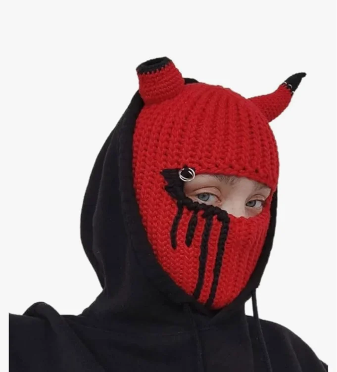 Funny Horns Creative Knitted Hat Beanies Warm Full Face Cover Ski Mask Hat Windproof Balaclava Hat for Men Women - One Size - Red Black Stripe