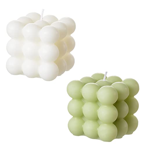 ACITHGL Bubble Candle - Cube Soy Wax Candles, Home Decor Candle, Scented Candle Set 2 Pieces, Home Use and Gifting (White+Green) - White+Green