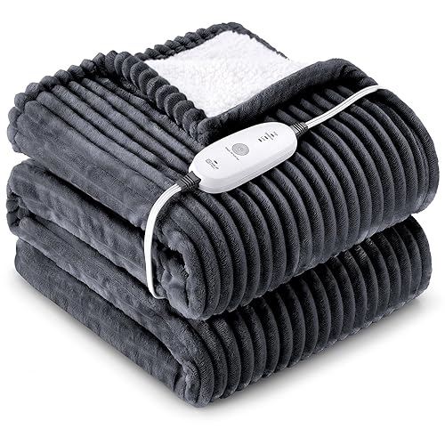 HYLEORY Heated Blanket Electric Throw 50"x60", Soft Flannel Sherpa Heater 3 Heat Settings and 4 Hours Auto Shut-Off Heating Blanket ETL Certification Over-Heat Protection Machine Washable,Dark Grey - Dark Grey - Throw(50"x60")