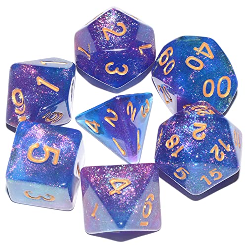 Galaxy DND Dice 7Pieces, Glitter Sparkle Cosmic Purple Blue Mixed Polyhedral DND Dice for RPG MTG Table Game Dice - Glitter Purple Blue