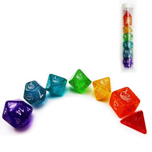 Bescon Colorful Unicorns Rainbow Sparkled Polyhedral D&D Dice Set of 7 RPG Role Playing Game Dice 7pcs Set - Unicorns Rainbow Set