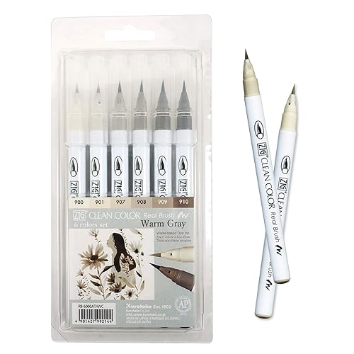 Kuretake ZIG Clean Color Real Brush Marker, Flexible Brush Tips, Watercolor Pens for Painting, Drawing, Calligraphy and Brush Lettering for Artists, Made in Japan (6 Warm Gray Colors set) - 6 Warm Gray Color set