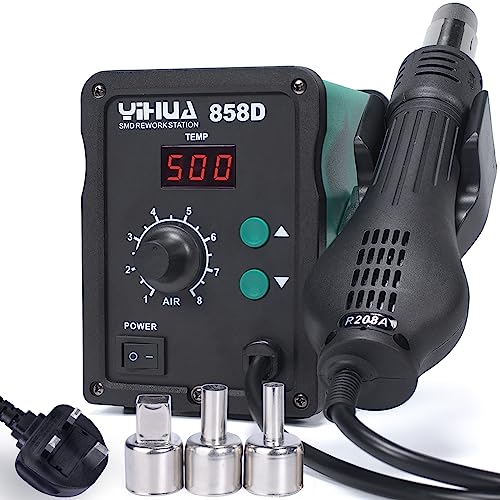 YIHUA 858D Hot Air Rework Station 700W for SMD soldering and desoldering with Adjustable Temperature, Adjustable Air Volume, PID Temperature Control, Auto Start/Stop Function, 3 Hot Air Nozzles