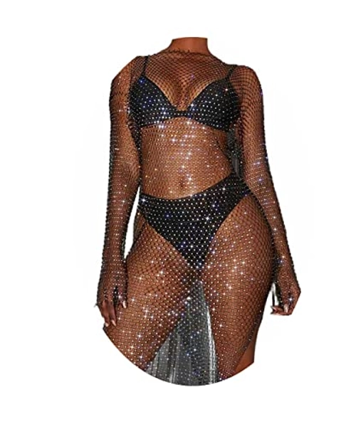 Fstrend Women Rhinestone Mesh Dress Rhinestone Black Long Skirts See Through Fishnet Cover up Swimwear Rave Festival Bikini