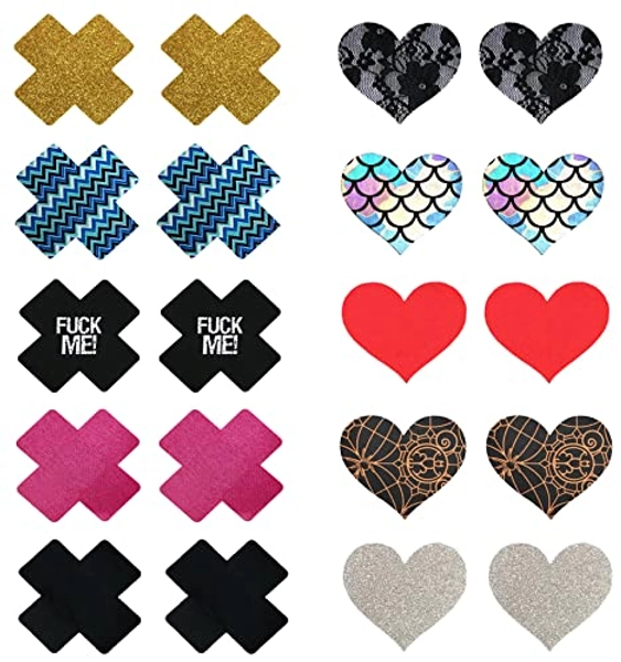 CLOHO Heart Shape Nipple Covers Satin Adhesive Breast Pasties Petals, Y-10pairs Mixed1, One Size