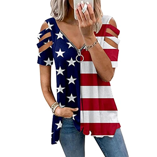 YOPLANET Cold Shoulder Tunic Tops for Women Plus Size, V neck Short Sleeve Casual Summer Shirt with Zipper