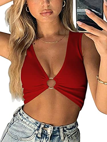 AEVZIV Sexy Crop Tops for Women Sleeveless Deep V Neck Workout Tops Plunge Ring Cleavage Cropped Tank Top - Large - Red
