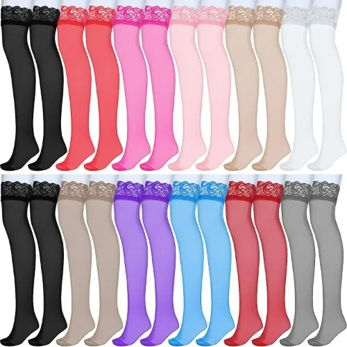 12 Pairs Thigh High Stockings Silicone Lace Top Stockings Semi Sheer Stockings for Women Girls, 11 Colors