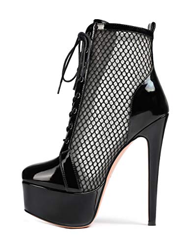 SAMMITOP Women's High Heel Boots Lace Up Round Toe Zipper Booties Two-tone Black Shoes - 5 - Mesh
