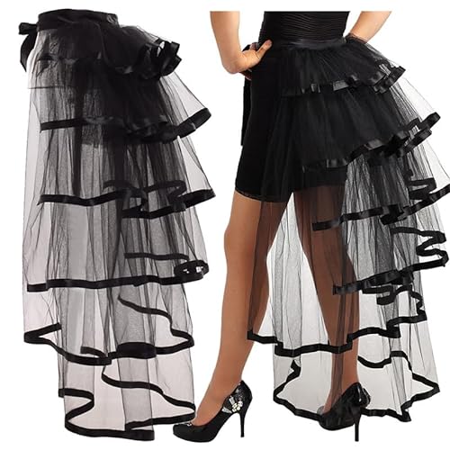 Victorian Steampunk Bustle Skirt 6 Layered Tie-on Belt Tulle Tutu Overskirt - One Size - Black Hem