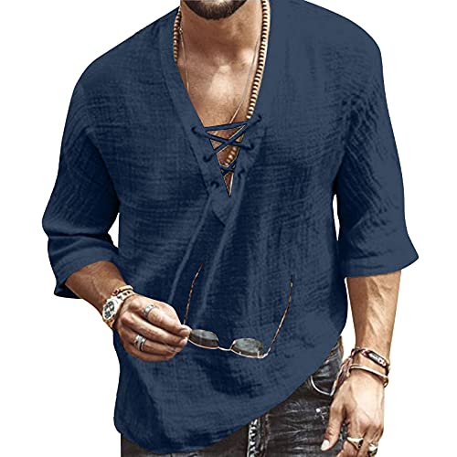 Men's Fashion Shirt Short Sleeve Beach V-Neck Drawstring Printing Yoga African Summer Top - 4X-Large - Solid Dark Blue