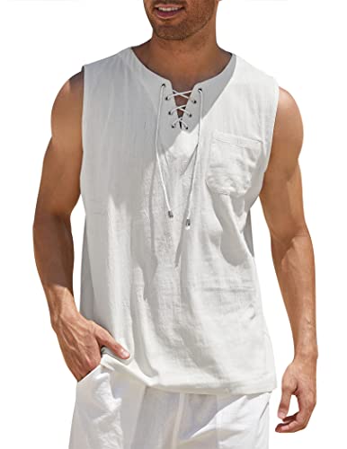 COOFANDY Men's Cotton Linen Tank Top Shirts Casual Sleeveless Lace Up Beach Hippie Tops Bohemian Renaissance Pirate Tunic - 4X-Large - White